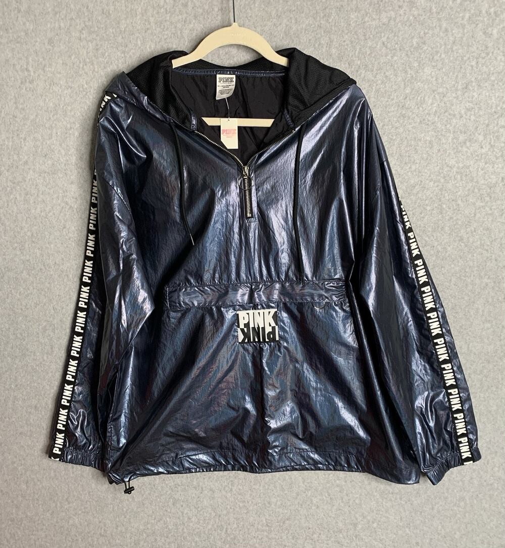 Victoria's Secret PINK M/L Metallic Navy Half Zip Anorak Windbreaker NWT